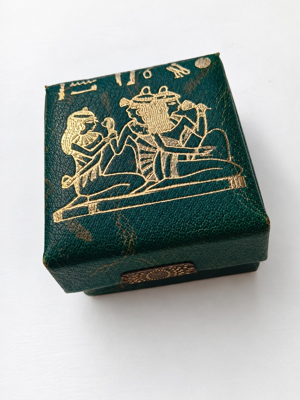 Vintage Egyptian Genuine Leather Trinket Box Green & Gold 1.5"